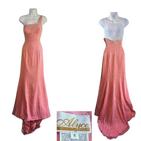 NWT Vtg Y2K ALYCE 100% Silk Coral Sequin 1 Shoulder Pageant Train Gown 6019 Sz 8 - Picture 1 of 8